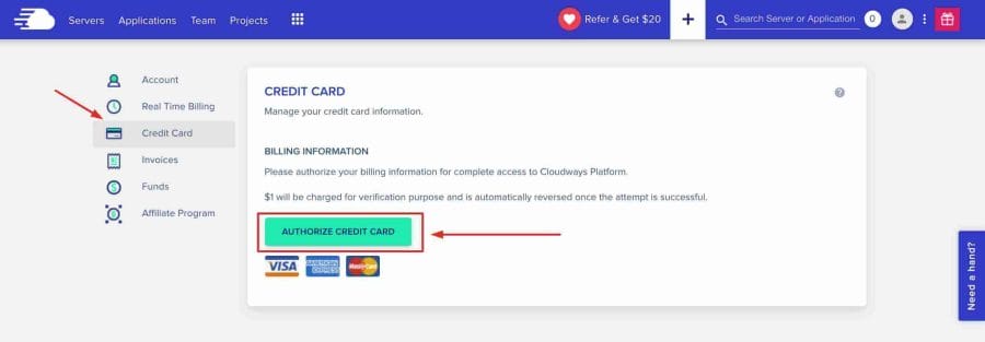 cloudways credit card page
