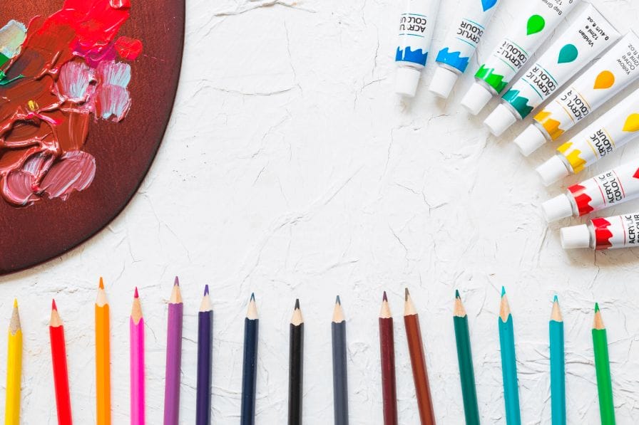 Paints, Paintbrush, and Colored Pencils