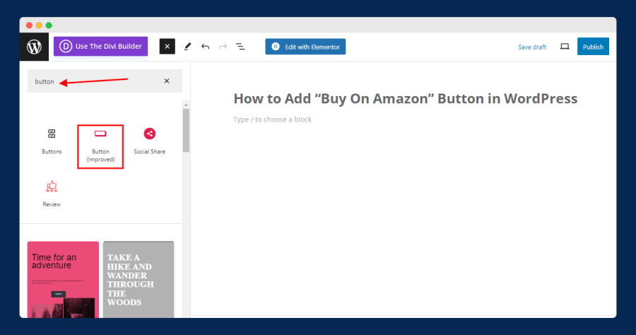 Select "Button" Block to Add "Buy On Amazon"