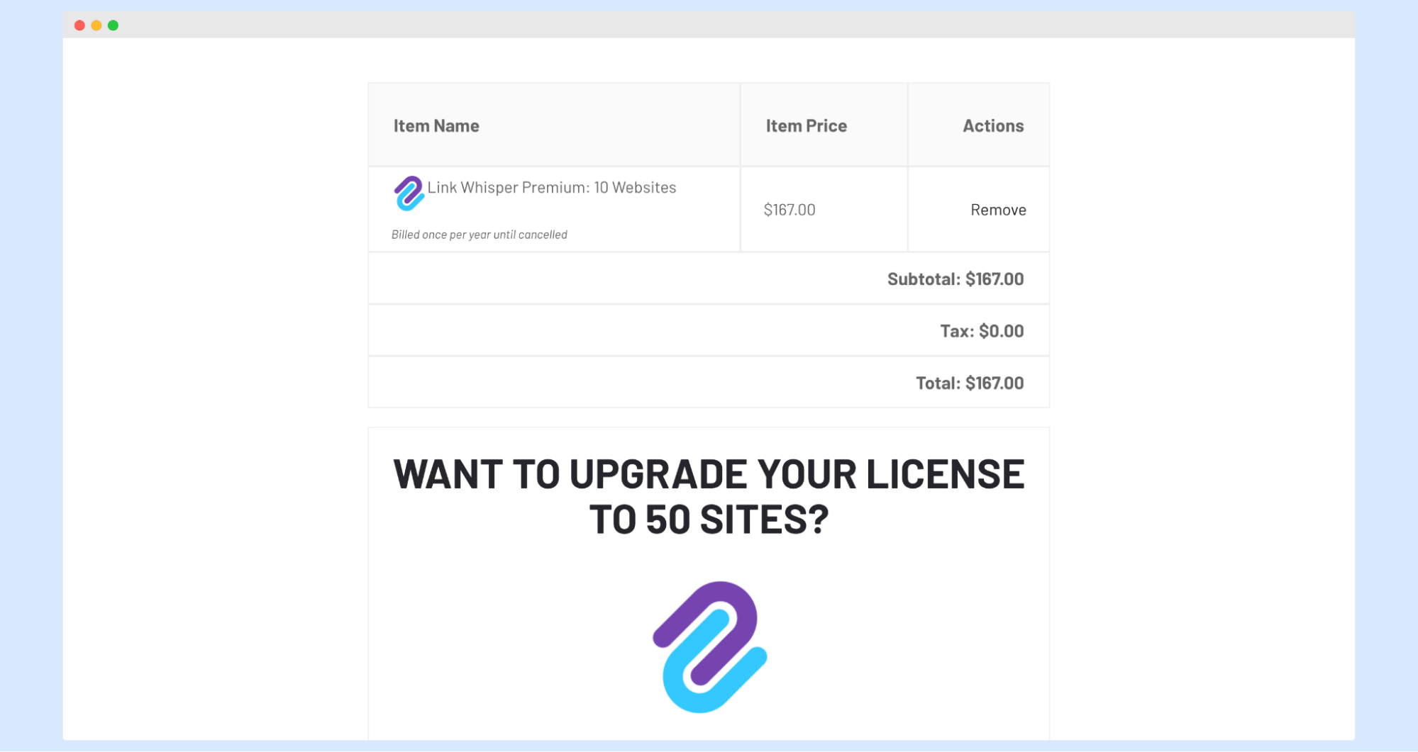 Link Whisper checkout page showing order summary, payment fields, and the coupon code entry field where you apply the THEWPX discount code