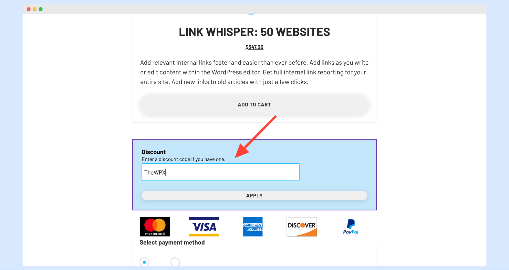 Link Whisper checkout showing the THEWPX coupon code successfully applied with a $20 discount deducted from the order total