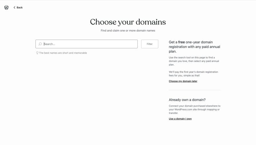 WordPress.com domain selection page showing free domain offer with hosting plans