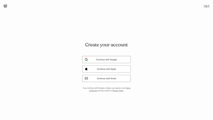 WordPress.com account creation and login page for new and existing users