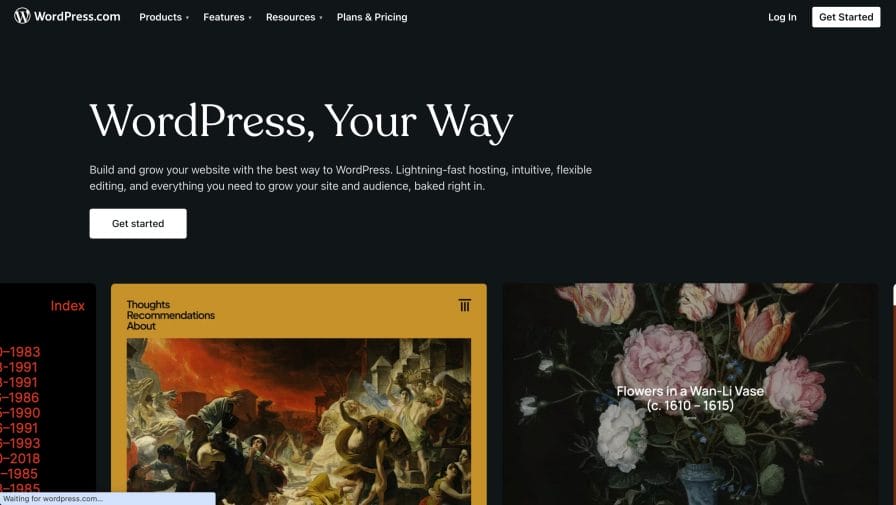 WordPress.com homepage showing the Get Started button to begin signup for hosting plans