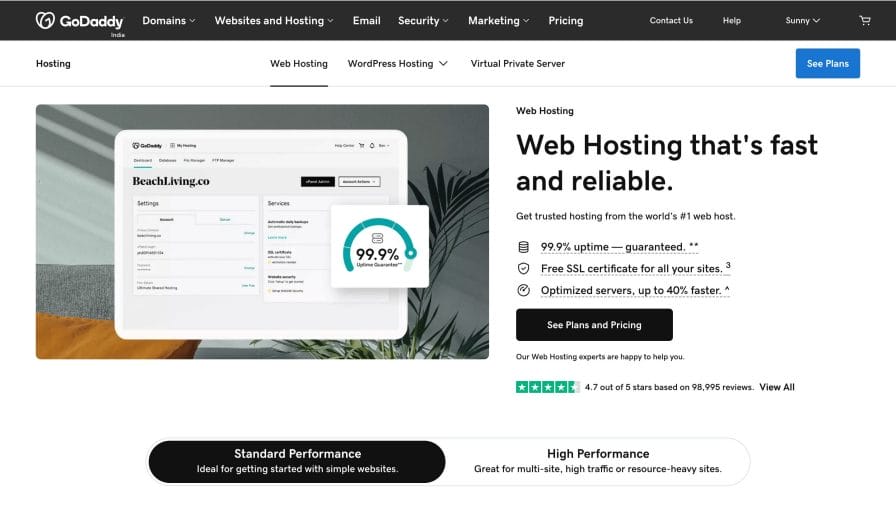 GoDaddy hosting pricing plans with free domain