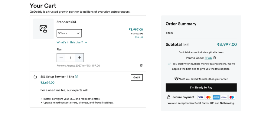 GoDaddy SSL Purchase in INR