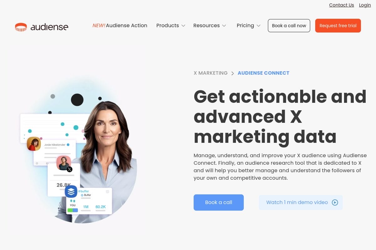 Audiense Connect product page showing X (Twitter) audience intelligence and follower analytics features