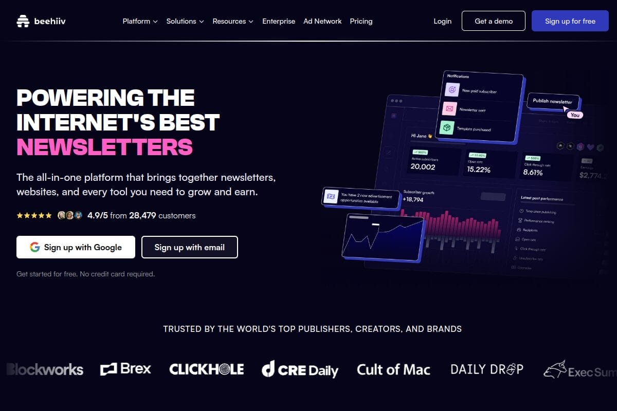 Beehiiv homepage showing its newsletter-first platform with built-in growth tools, monetization, and analytics for creators