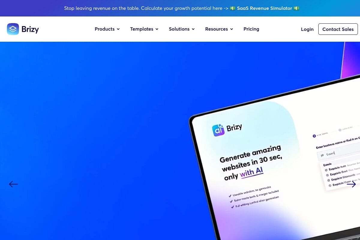 Brizy official website homepage in 2026 showing the no-code website builder with AI features, drag-and-drop editor, and 180+ pre-designed templates
