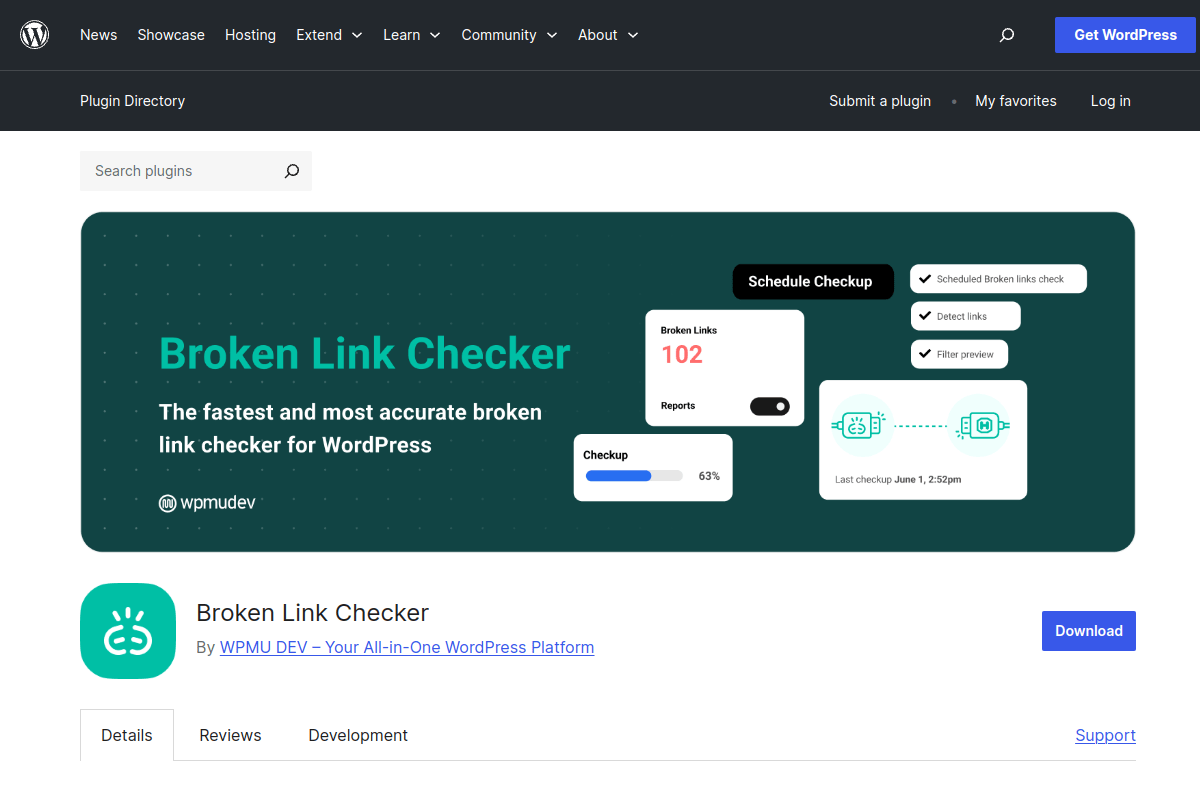 Broken Link Checker WordPress plugin page on WordPress.org showing 600,000 active installations for continuous broken link monitoring