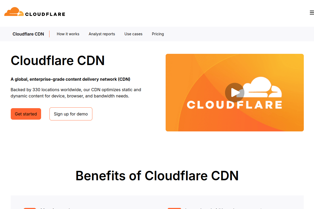 Cloudflare CDN product page showing caching and optimization features that can interfere with WordPress PHP processing