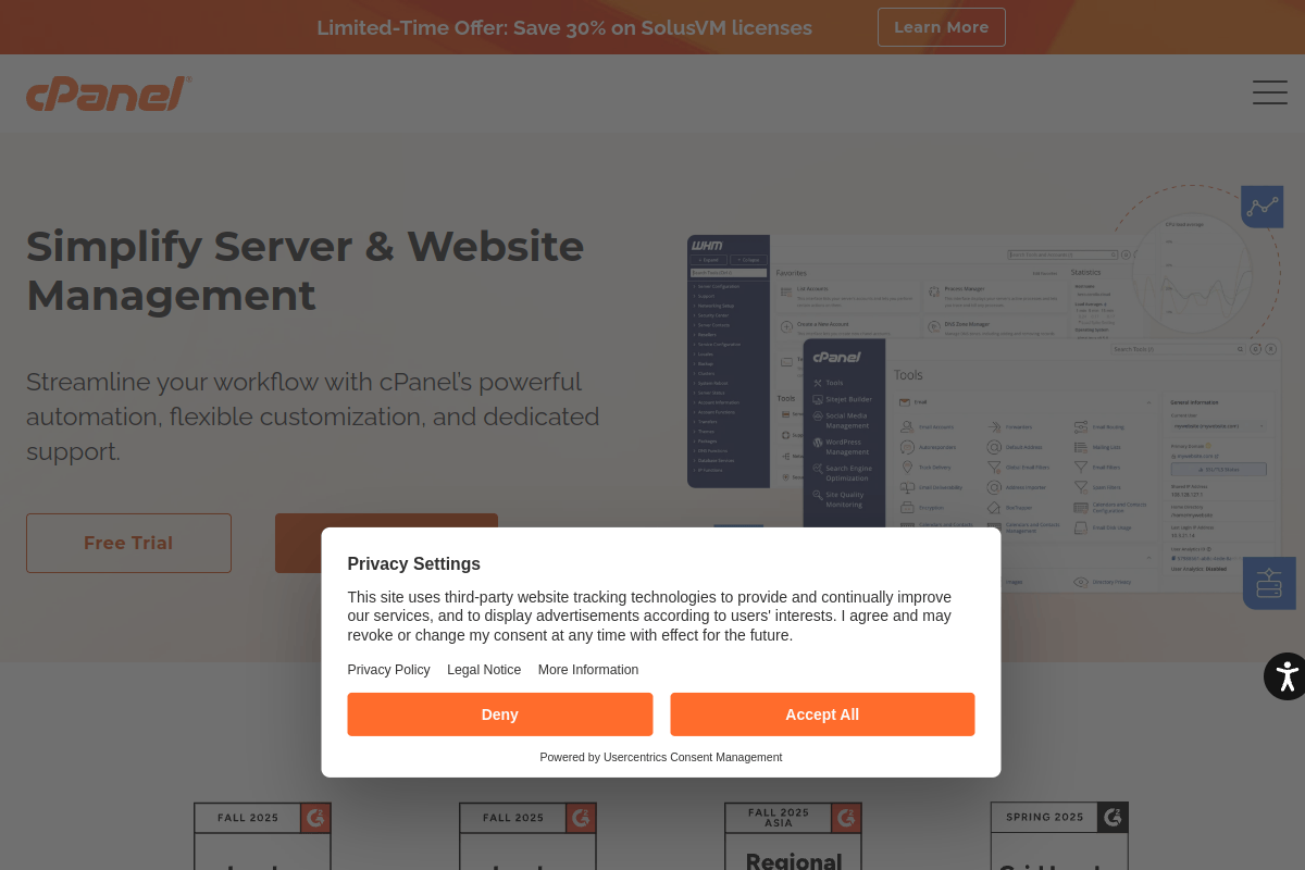 cPanel hosting control panel homepage showing server management features including MultiPHP Manager for WordPress sites