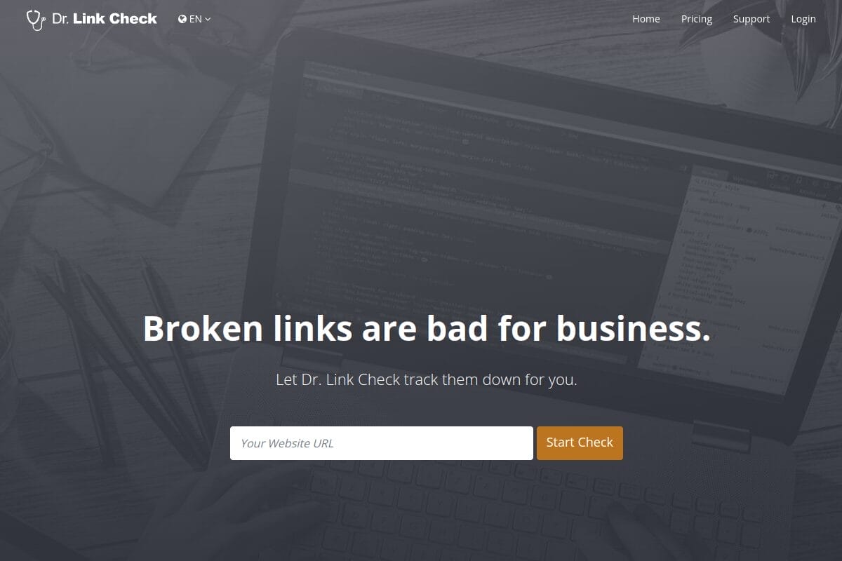 Dr. Link Check homepage showing the cloud-based broken link scanner with malicious URL detection and parked domain checking features