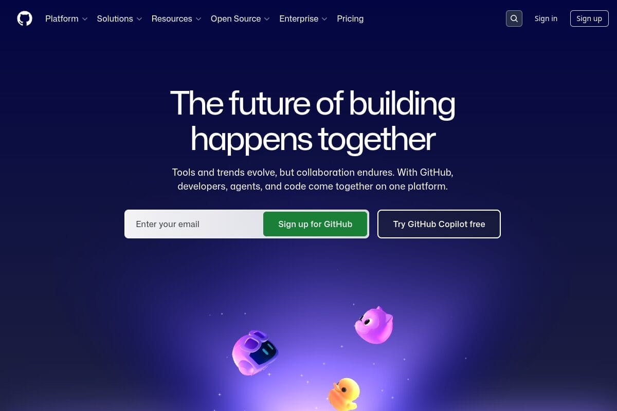 GitHub homepage, one of the highest Domain Authority profile creation sites (DA 96) where developers can create profiles with website backlinks