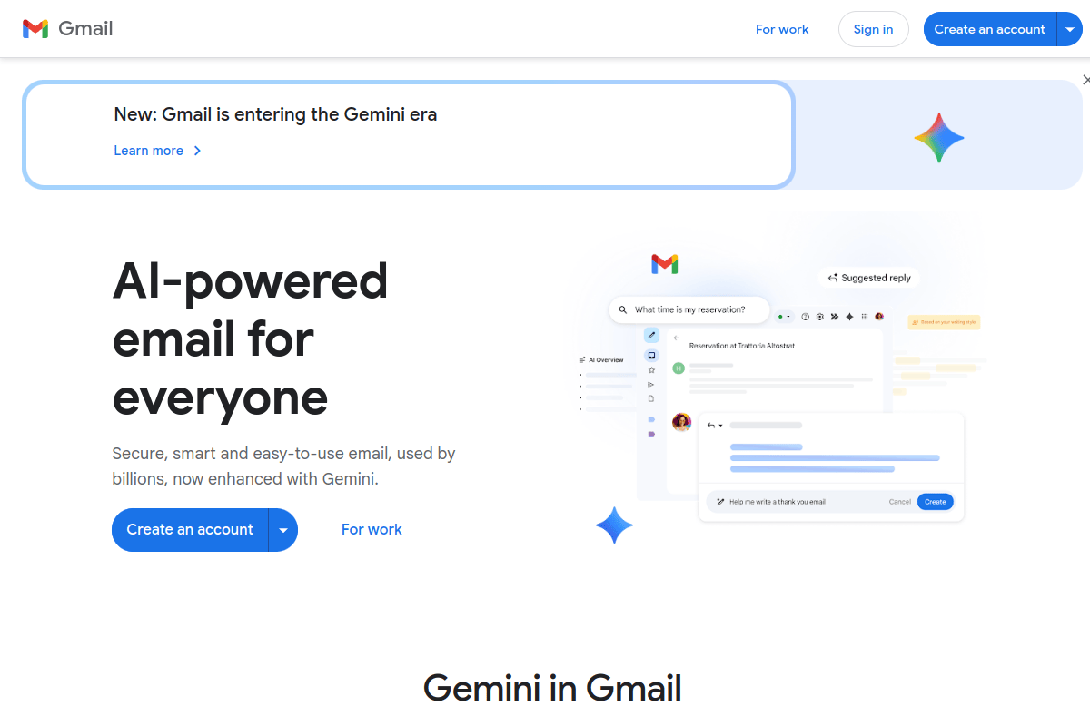 Gmail free email service homepage showing secure, smart, and easy-to-use personal email with 15 GB of free storage