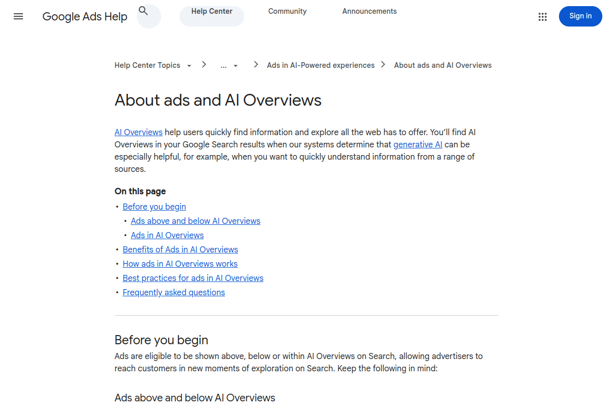 Google Ads support page explaining AI Overview ad eligibility requirements including campaign types, broad match keywords, and eligible countries