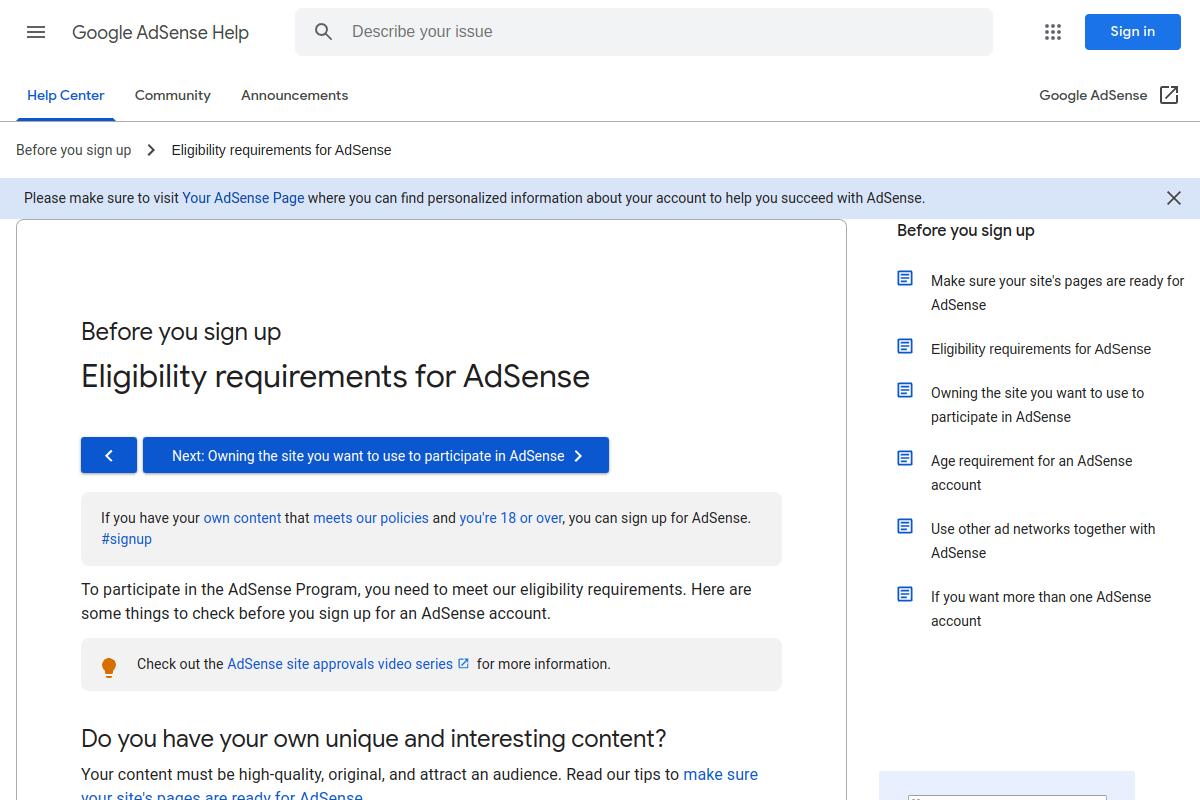 Google AdSense eligibility requirements page listing the official criteria for publisher account approval