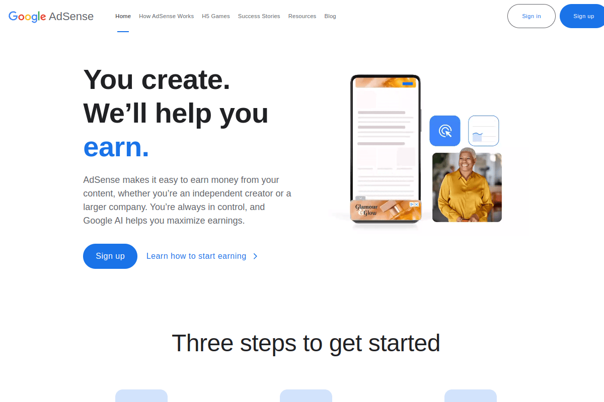 Google AdSense homepage showing the sign-up interface and monetization features for website publishers