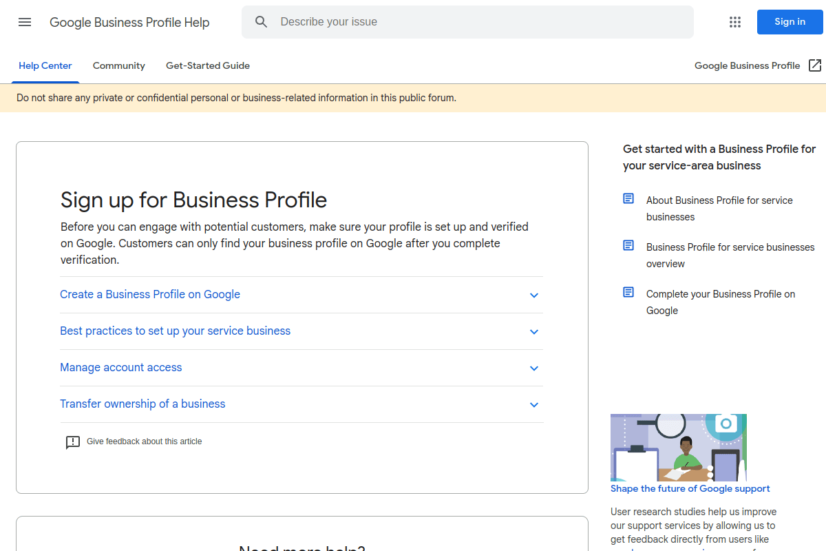 Google Business Profile support page explaining how to edit and manage your business profile on Google Search and Maps