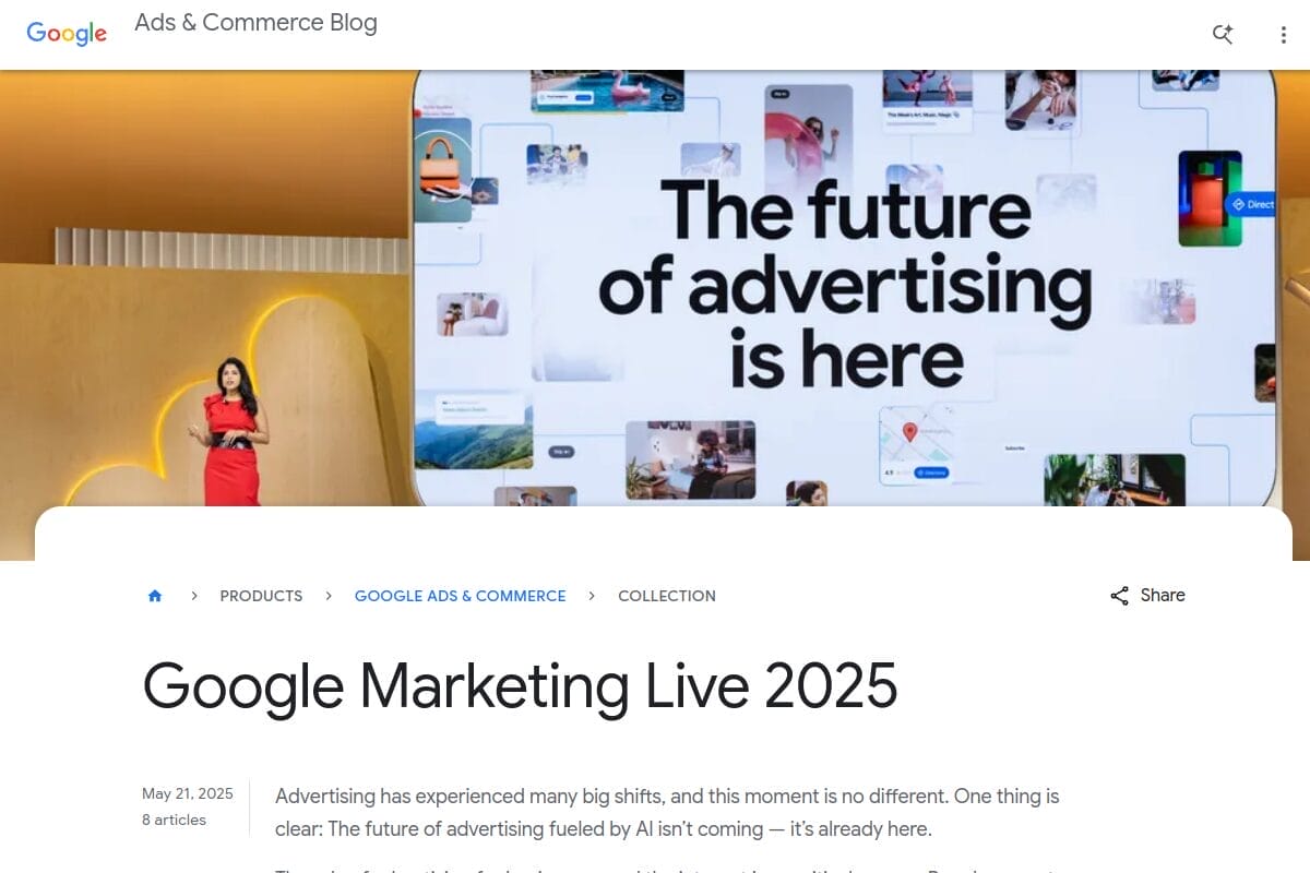 Google Marketing Live 2025 blog post announcing AI Max for Search campaigns with AI-powered targeting, ad copy generation, and landing page selection