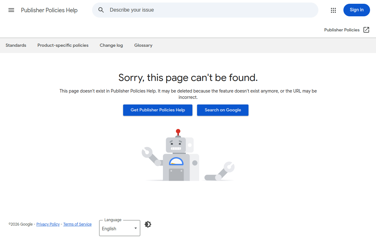 Google Publisher Policies page showing restricted content categories that can lead to AdSense rejection
