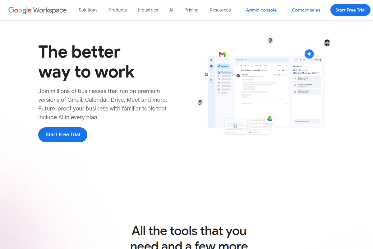 Google Workspace homepage showing business email plans starting at $7 per user per month with custom domain Gmail, Google Drive, Meet, and Gemini AI