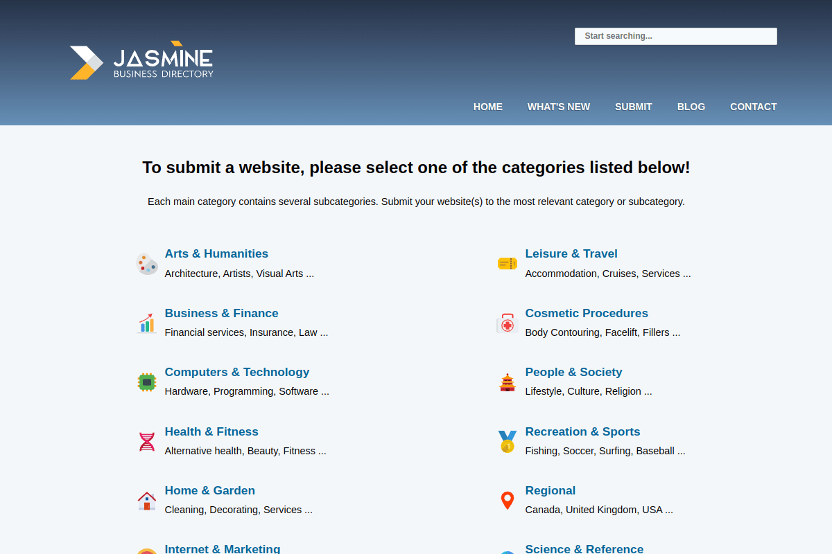 Jasmine Directory homepage showing a curated web directory with category-based website submission