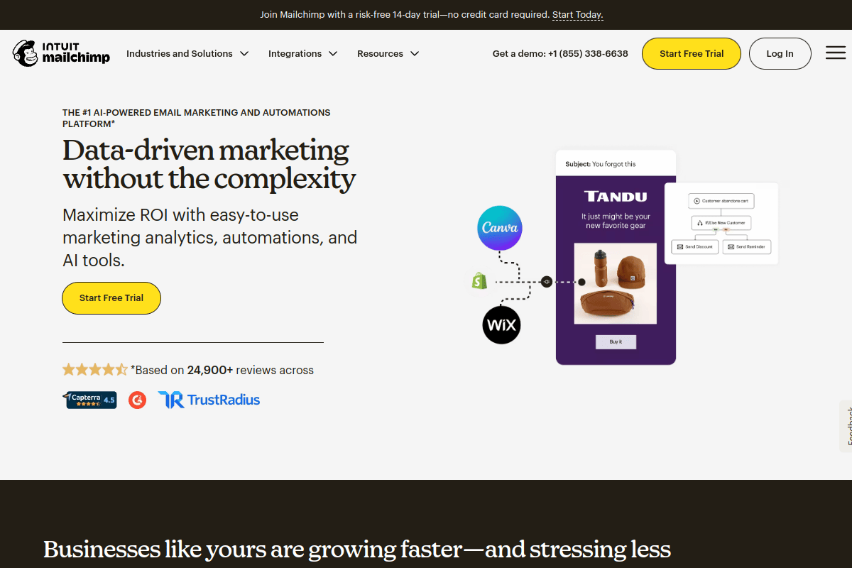 Mailchimp homepage showing its email marketing and newsletter creation platform with drag-and-drop editor features