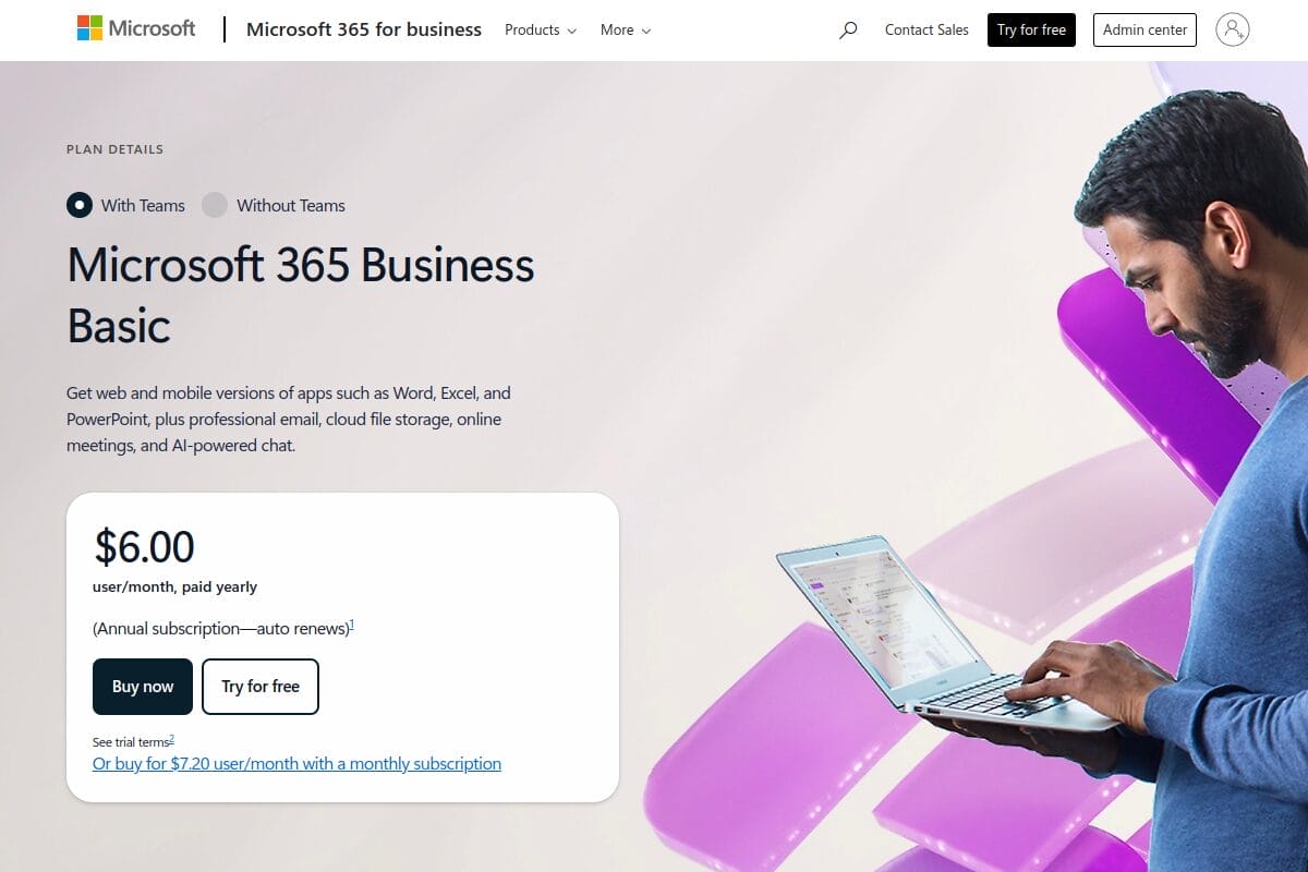 Microsoft 365 Business Basic plan page showing $6 per user per month with Outlook custom domain email, Teams, and 1 TB OneDrive storage