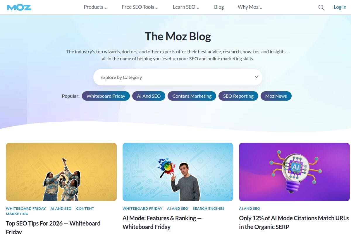Moz blog page showing the SEO community blog with comment section, a high-DA blog commenting site with Domain Authority 91