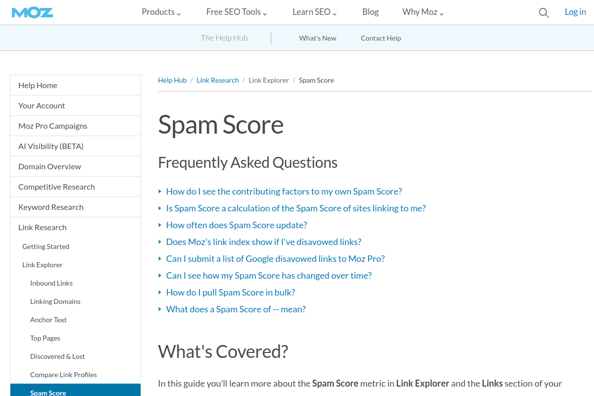 Moz spam score help page explaining how spam scores are calculated for backlinks and domains