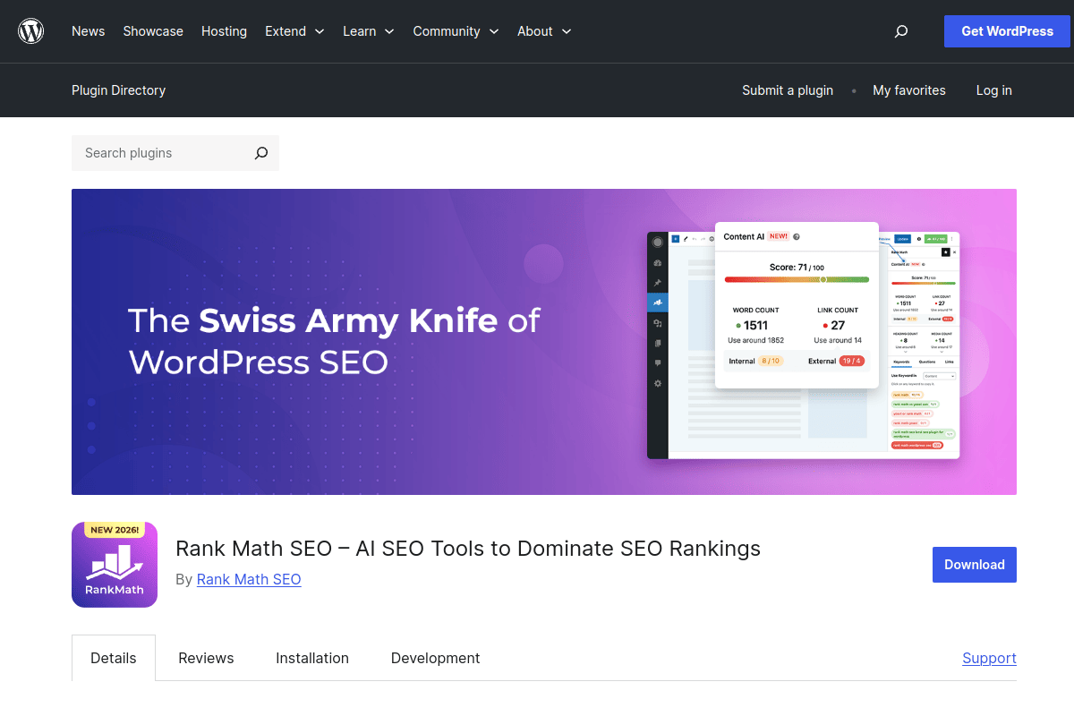 Rank Math SEO plugin page on WordPress.org showing 2 million active installations, 5-star rating, and plugin description for adding meta tags in WordPress