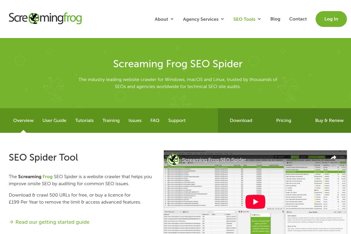 Screaming Frog SEO Spider homepage showing the desktop crawler tool that finds broken links, response codes, and redirect chains for up to 500 URLs free