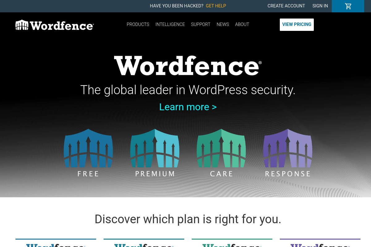 Wordfence security plugin homepage showing malware scanning and firewall features for WordPress sites