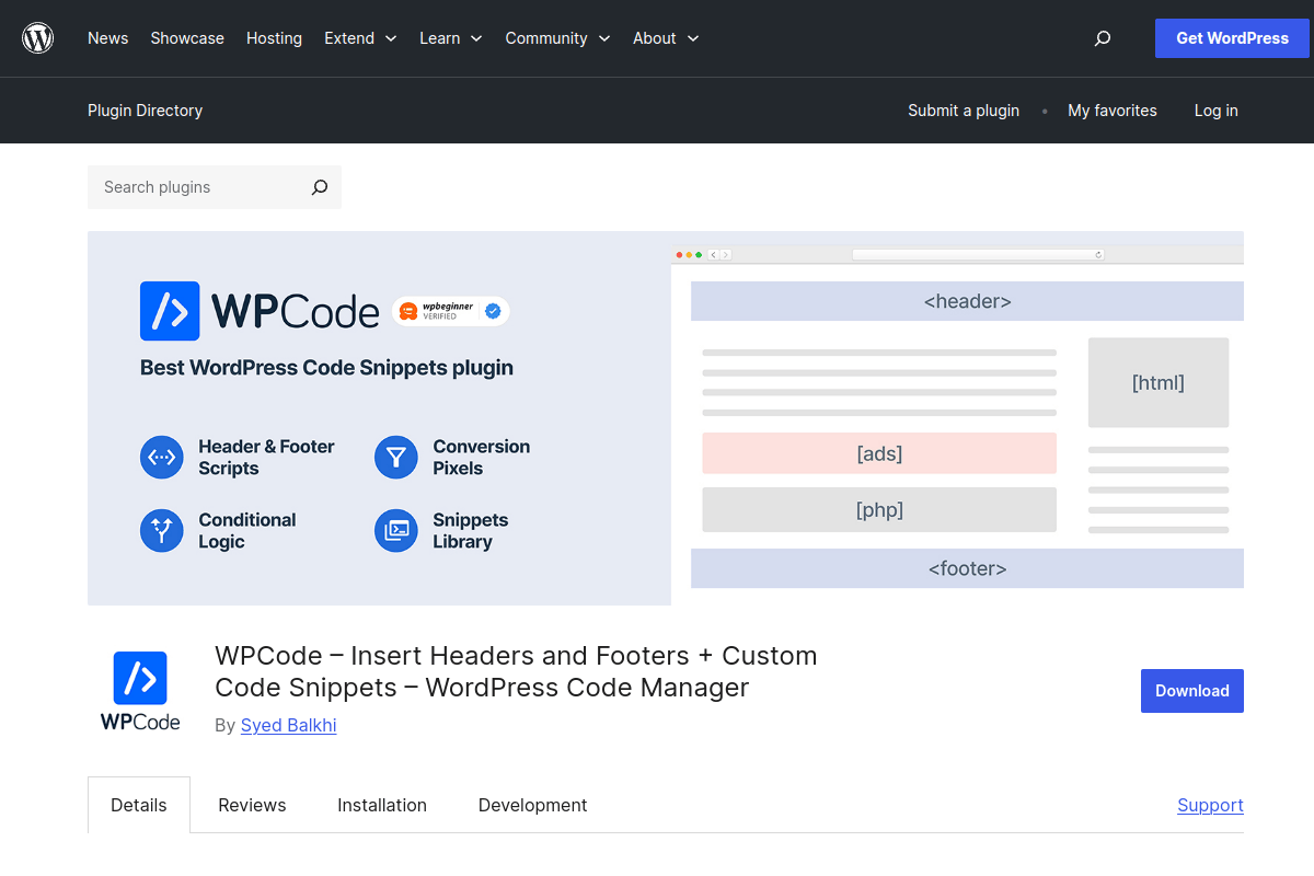 WPCode (Insert Headers and Footers) plugin page on WordPress.org — a lightweight code snippet manager for adding meta tags without editing theme files