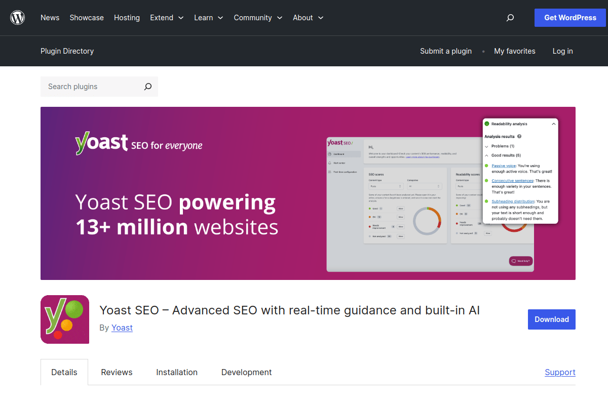 Yoast SEO plugin page on WordPress.org showing 10 million active installations and plugin features for meta tag management in WordPress
