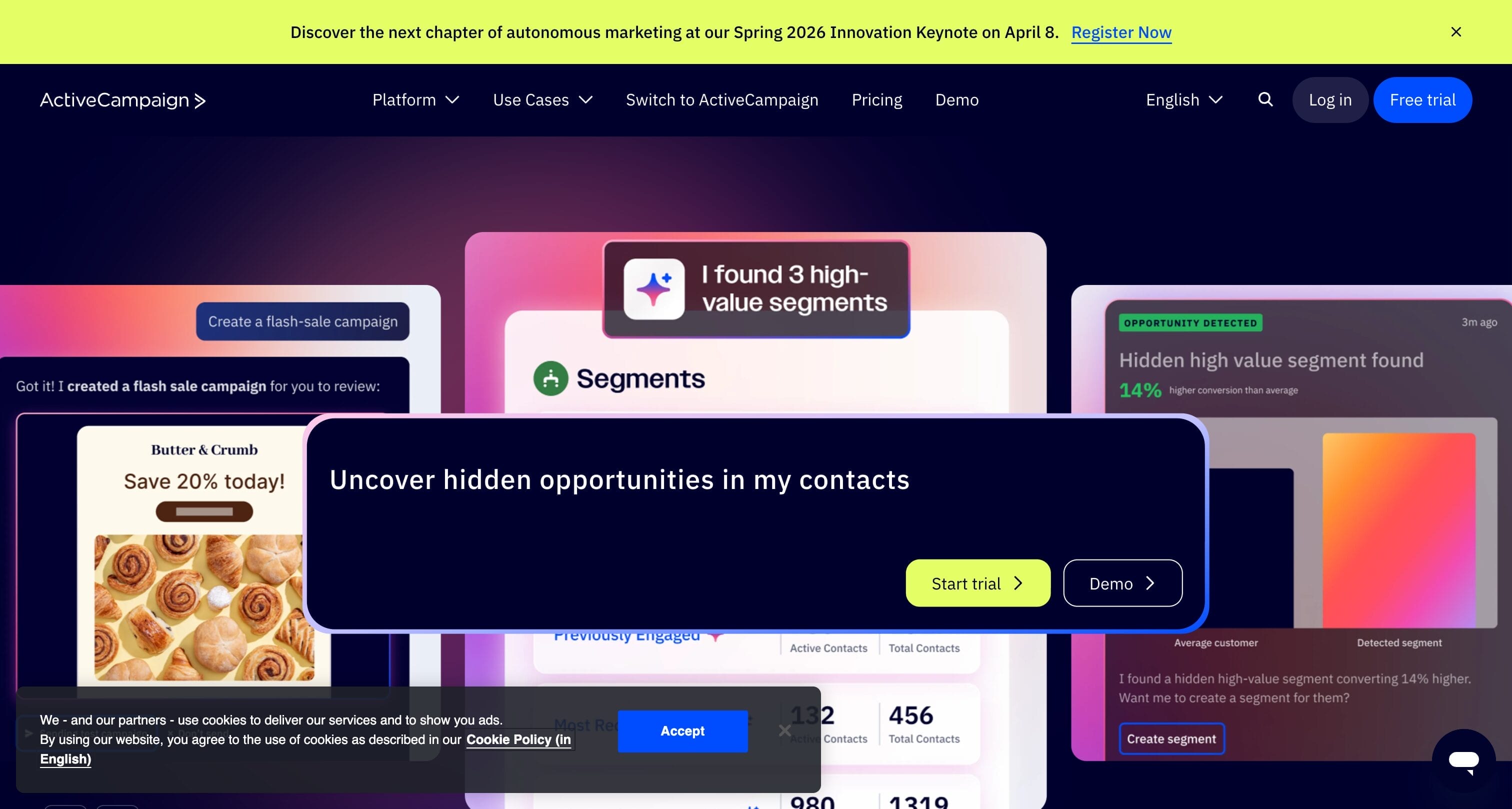 ActiveCampaign homepage showing advanced email marketing automation platform with CRM and sales tools