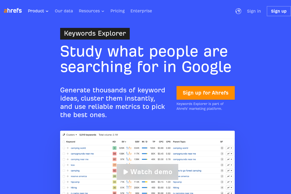 Ahrefs Keywords Explorer page showing keyword research capabilities with search volume, difficulty, and SERP analysis for multiple search engines