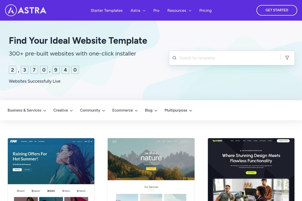 Astra starter templates library showing 300+ pre-built website designs for WordPress with one-click demo import