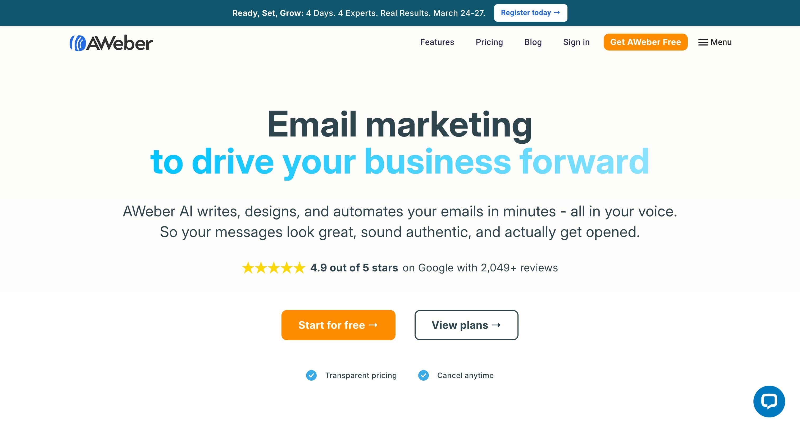AWeber homepage showing email marketing platform with AI-powered design, automation, and landing pages