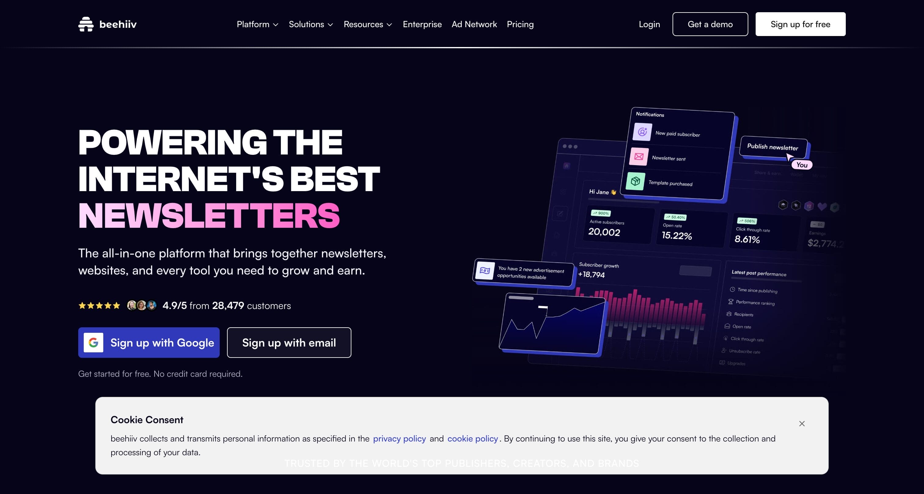 Beehiiv homepage showing newsletter platform for creators with monetization, referral programs, and growth tools