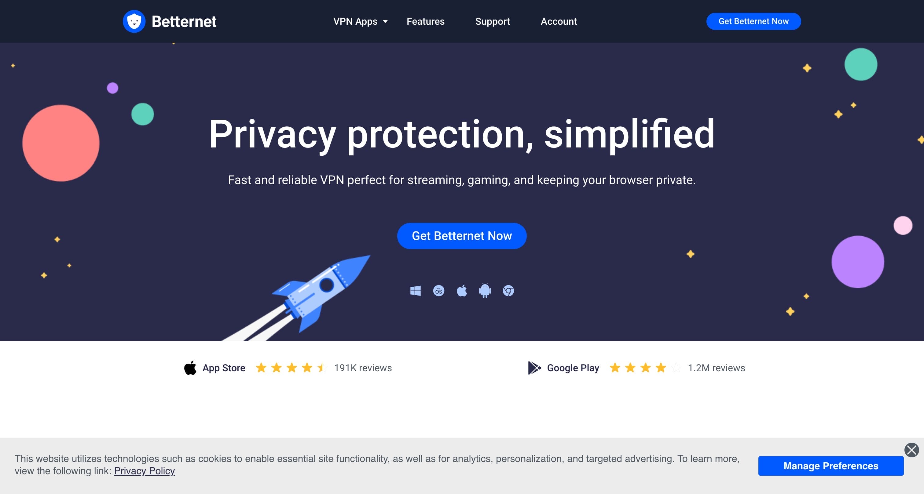 Betternet VPN homepage showing simple one-tap VPN connection for PC and mobile devices