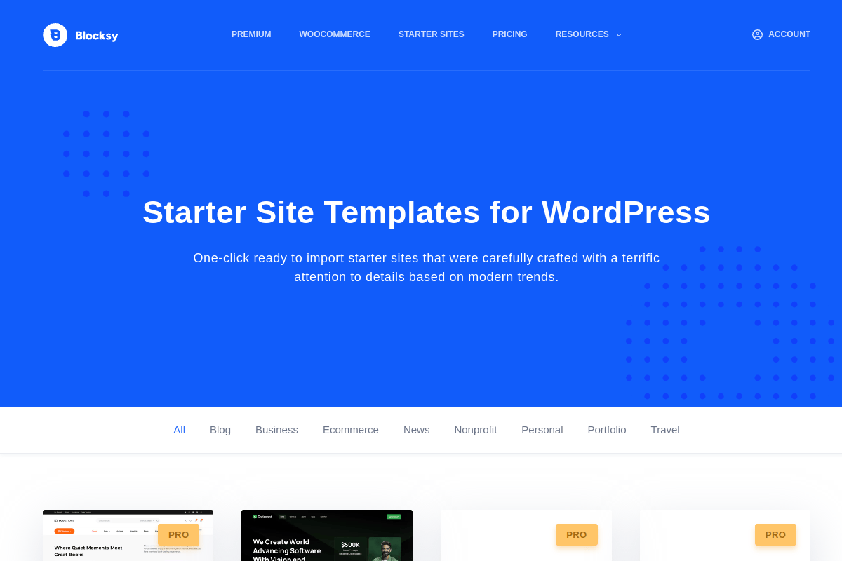Blocksy theme starter sites page showing free and premium one-click demo imports for WordPress