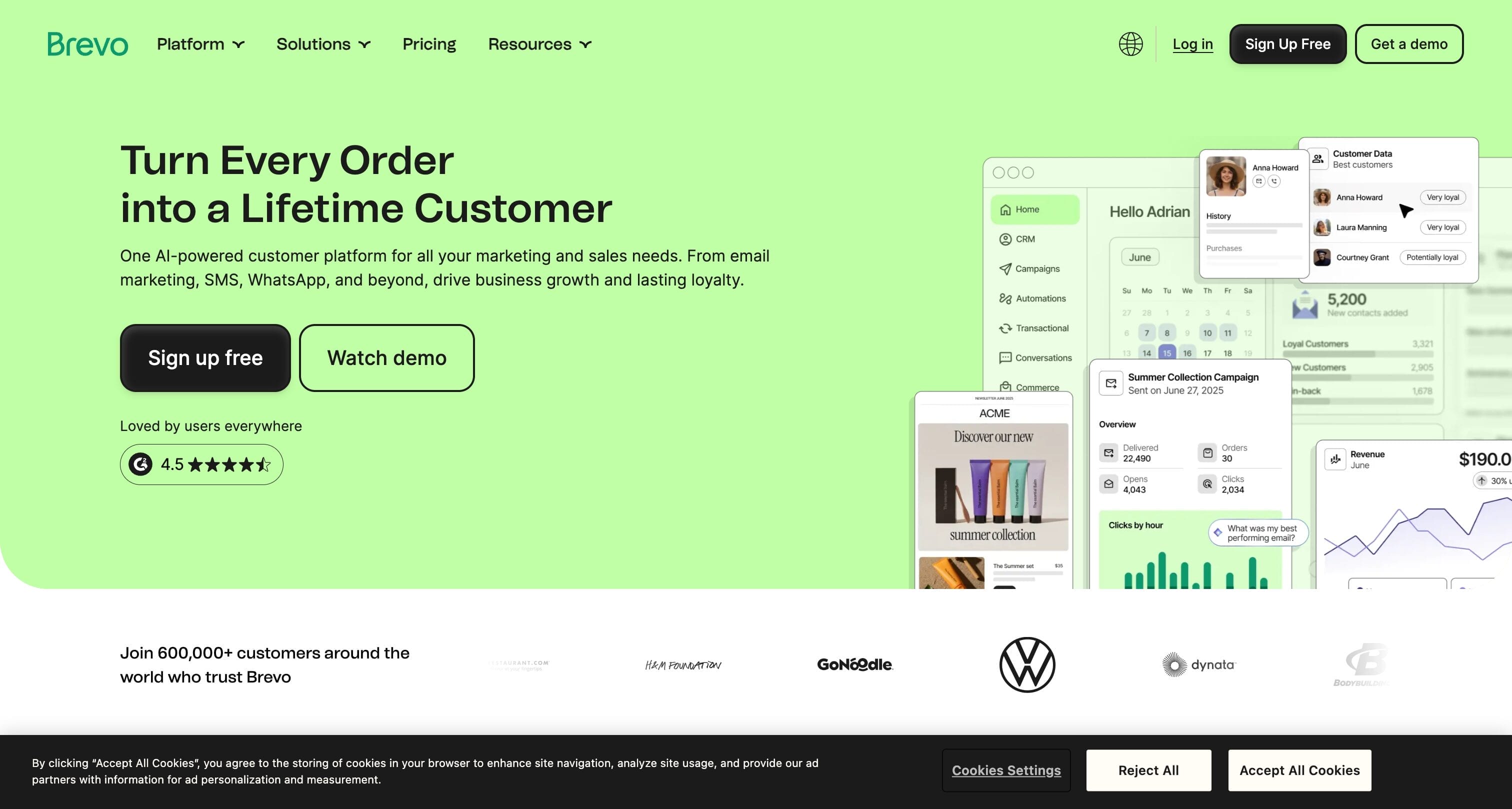 Brevo homepage showing all-in-one email marketing, CRM, and automation platform formerly known as Sendinblue
