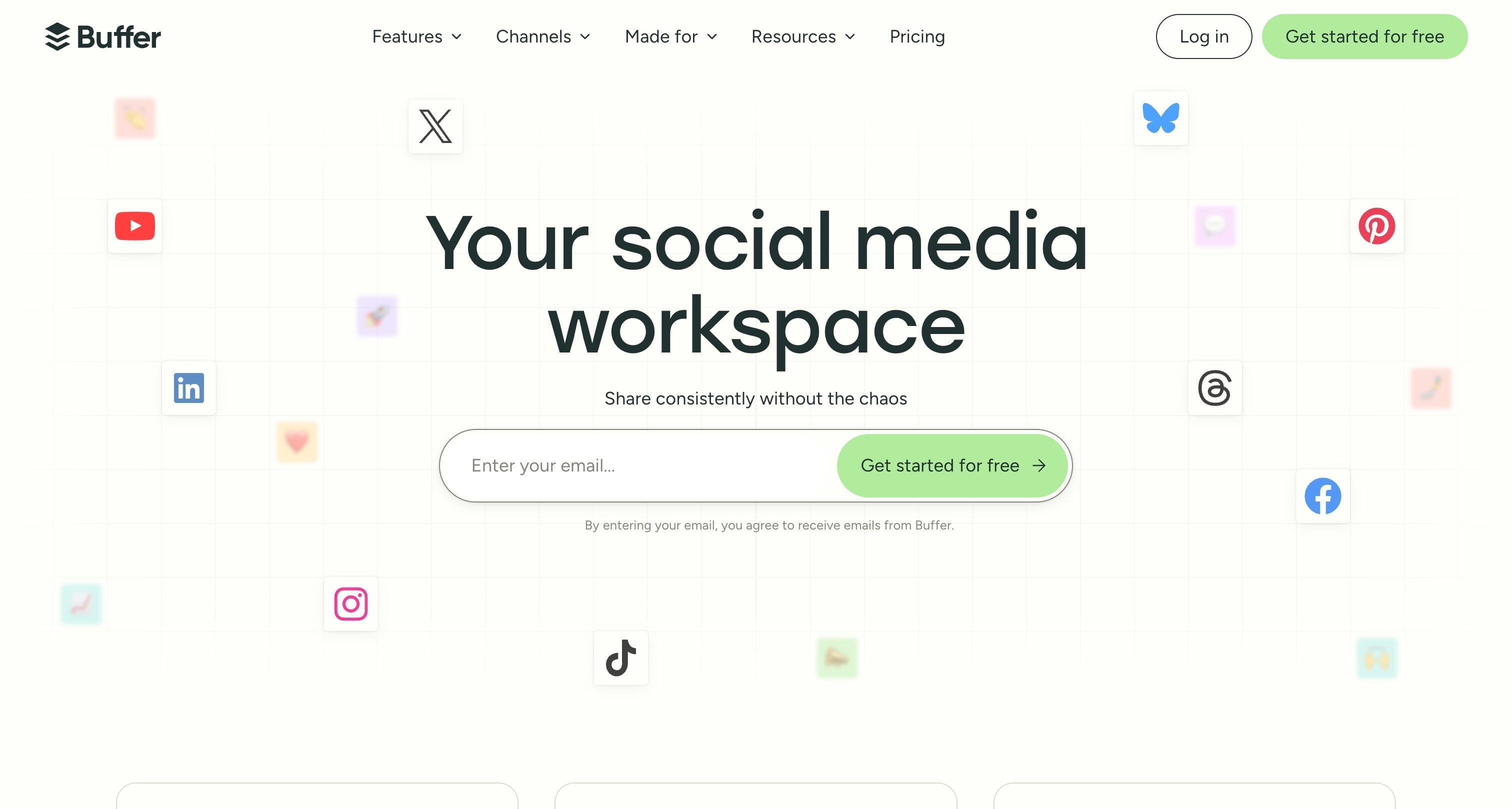 Buffer homepage showing social media scheduling and analytics platform for growing audience organically