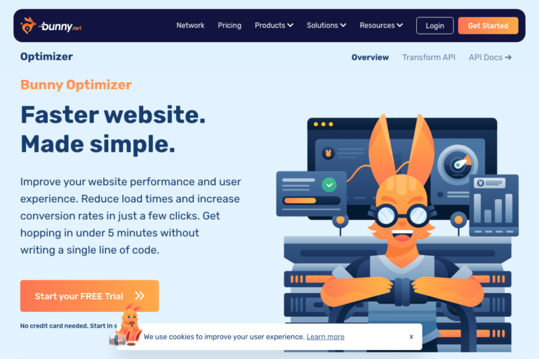 BunnyCDN Optimizer dashboard showing image optimization features with on-the-fly WebP conversion and 119 global edge locations