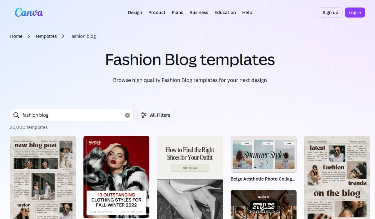 Canva template gallery showing fashion blog design templates for social media posts, Pinterest pins, and blog graphics