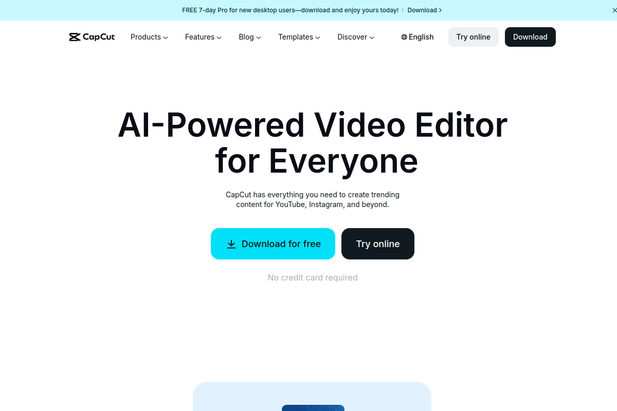 CapCut homepage showing the video editor for creating short-form content for TikTok, YouTube Shorts, and Instagram Reels