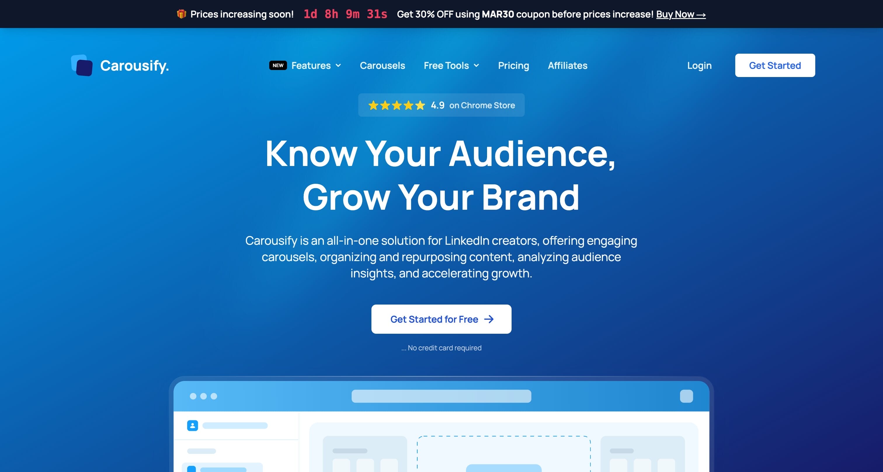 Carousify homepage showing AI-powered LinkedIn carousel generator with audience insights and brand kit for agencies