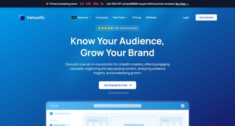 Carousify homepage showing AI-powered LinkedIn carousel generator with audience insights and content tools